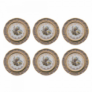 Набор из 6-ти закусочных тарелок Охота, 21 см, фарфор, зеленый, серия Мария-Тереза, REPAST, Чехия, Тарелки REPAST