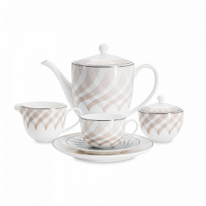 Сервиз чайный на 6 персон «Оскар», 21 предмет, костяной фарфор, белый, бежевый, серия Emily, ANNA LAFARG, Китай, Наборы столовых тарелок на 6 персон