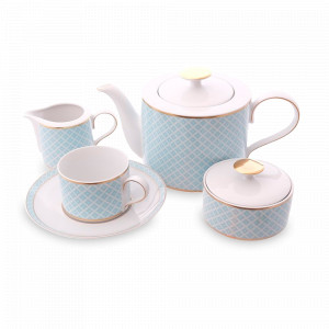 Сервиз чайный на 6 персон Aero Blue Gold, 17 предметов, фарфор, белый, голубой, серия Corvara, FALKENPORZELLAN, Германия, Наборы столовой посуды