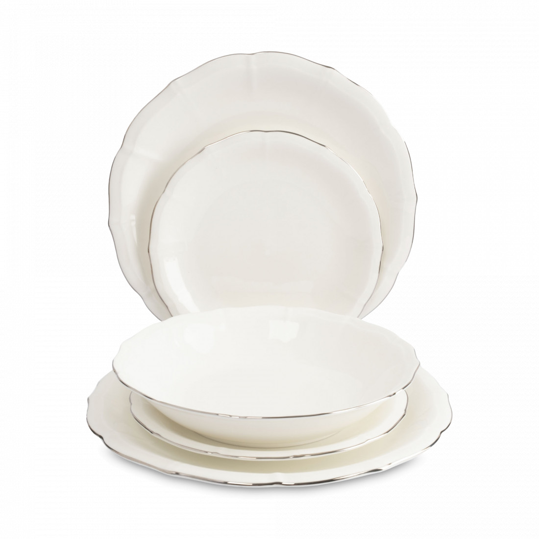 Сервиз обеденный на 6 персон, 18 предметов, фарфор, белый с серебристым кантом, серия Dynasty, ANNA LAFARG, Китай