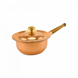 Сотейник с крышкой «КМ», 20 см, 1.5 л, медь, дерево, серия Медная посуда, Кольчугинский Мельхиор, Россия, Медные сотейники