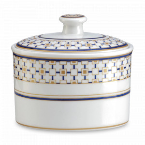 Сахарница Квадраты, 10 см, 300 мл, фарфор, белый, синий, золотой кант, серия Charles, Pozzi Milano 1876, Италия, Сахарницы