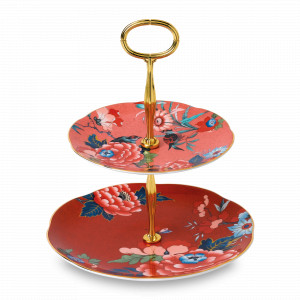 Этажерка двухъярусная, 23,5 см, костяной фарфор, красный, декор, серия Paeonia Blush, WEDGWOOD, Великобритания, Вазы для фруктов и этажерки