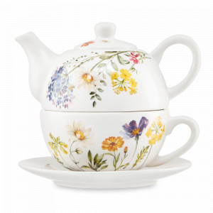 Набор Эгоист из чайника и чашки, 250 мл, керамика, белый, декор, серия Полевые цветы, DECOR DE TABLE, Россия, Заварочные чайники прованс
