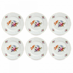 Набор из 6-ти обеденных тарелок, 25 см, фарфор, белый, декор, серия Полевой цветок, BERNADOTTE, Чехия, Тарелки