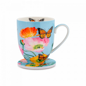 Кружка с подставкой Маки, 400 мл, фарфор, белый, декор, серия Экзотика, MAXWELL WILLIAMS, Австралия, MAXWELL & WILLIAMS (Австралия)