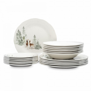 Сервиз обеденный на 6 персон «Олени в лесу», 18 предметов, фарфор, белый, декор, серия Maral, ANNA LAFARG, Китай, Наборы обеденных тарелок