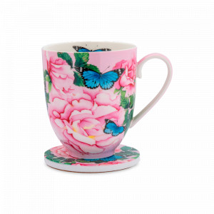 Кружка с подставкой Розы, 400 мл, фарфор, белый, декор, серия Экзотика, MAXWELL WILLIAMS, Австралия, MAXWELL & WILLIAMS (Австралия)