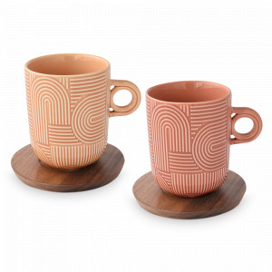 Набор из 2-х кружек с подставками, 0,35 л, фарфор, дерево, бежевый и коричневый, серия Радуга, EASY LIFE (R2S), Италия, Наборы кружек