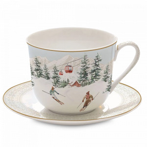Пара чайная Лыжники в горах, 400 мл, фарфор, белый, декор, серия Chalet, EASY LIFE (R2S), Италия, Чайные пары из фарфора