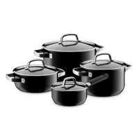 Набор из 3-х кастрюль и ковша с крышками, 8 предметов, сталь, черный, серия Fusiontec Mineral, WMF, Германия, 