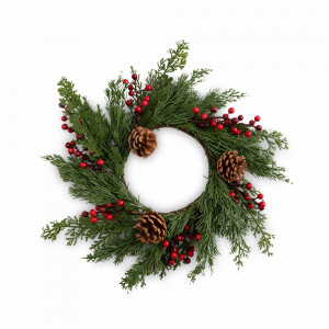 Декор - венок «Шишки и красные ягоды», 38 см, пластик, шишки, зеленый, коричневый, серия New Year, ANNA LAFARG, Китай, Новогодний Декор ANNA LAFARG