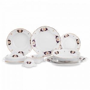 Сервиз столовый на 6 персон, 25 предметов, фарфор, белый, декор, серия Синий глаз, BERNADOTTE, Чехия, Наборы обеденных тарелок