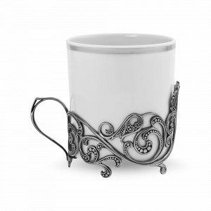 Чашка чайная «Витая», 220 мл, фарфор, латунь, серебристый, серия Охотничий домик, Кольчугинский Мельхиор, Россия, Стаканы с подстаканниками