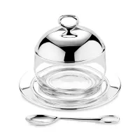 Банка для меда с ложкой Jago, 13.5 х 10 см, нержавеющая сталь, хрустальное стекло, посеребрение, EDZARD, Германия, 