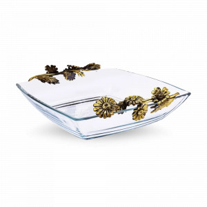 Салатник с двумя ручками «Ромашки», латунь, стекло, 19 х 4 см, серия Летний сад, Кольчугинский Мельхиор, Россия, Салатники квадратные