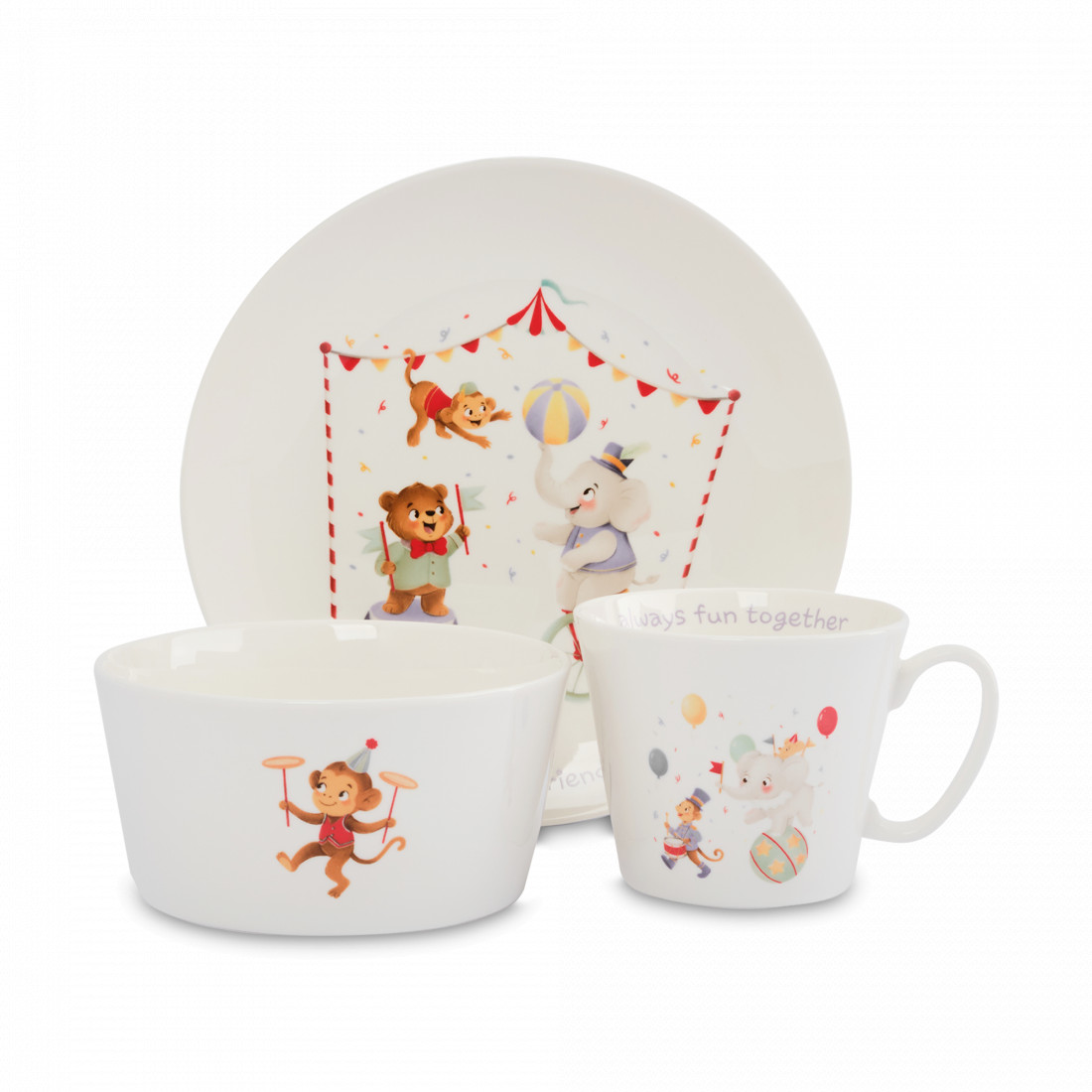 Набор детской посуды Животные в цирке, 3 предмета, фарфор, белый, декор, серия Circus, ANNA LAFARG, Китай
