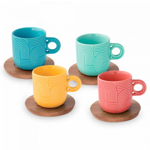 Набор из 4-х кружек с подставками, 0,11 л, фарфор, дерево, красный и желтый, серия Радуга, EASY LIFE (R2S), Италия, Наборы кружек