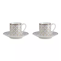 Набор из 2-х кофейных пар Квадраты, 80 мл, фарфор, белый, синий, золотой кант, серия Charles, Pozzi Milano 1876, Италия, 