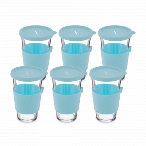 Набор из 6-ти стаканов с силиконовыми крышками, 500 мл, стекло, голубой, GLASSLOCK, Корея, Стаканы для кофе
