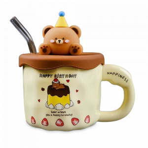 Кружка с крышкой и трубочкой Мишка Happy Birthday, 380 мл, керамика, коричневый, серия Animals, REPAST, Чехия, Кружки REPAST