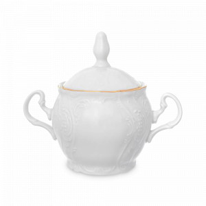 Сахарница с крышкой, 220 мл, фарфор, белый, золотой, серия Белый узор, BERNADOTTE, Чехия, Чешский фарфор