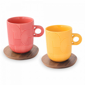 Набор из 2-х кружек с подставками, 0,35 л, фарфор, дерево, красный и желтый, серия Радуга, EASY LIFE (R2S), Италия, Наборы кружек