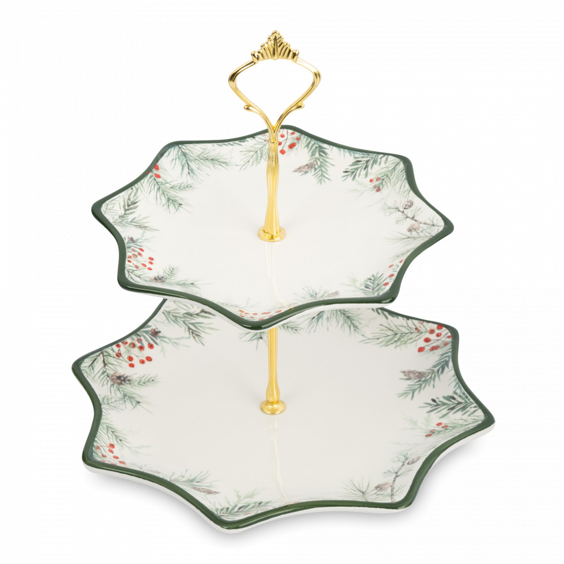 Этажерка 2-х ярусная «Еловые ветки», 25 х 20/24 см, керамика/металл, белый, зеленый, серия Festival, ANNA LAFARG, Китай