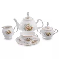 Сервиз чайный на 6 персон, 17 предметов, фарфор, белый, декор, серия Зеленый цветок, BERNADOTTE, Чехия, 