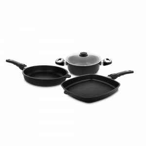 Набор посуды из 3-х предметов с крышкой, материал: алюминий, стекло, цвет: черный, серия Frying Pans, AMT, Германия, AMT (Германия)