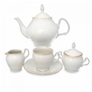 Сервиз чайный на 6 персон, 17 предметов, фарфор, белый, золотой, серия Белый узор, BERNADOTTE, Чехия, Наборы столовой посуды