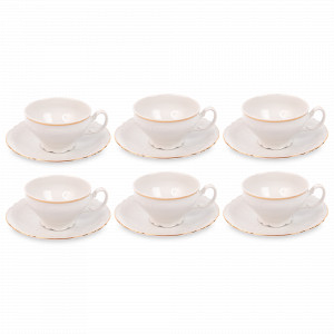 Набор из 6-ти чайных пар, 205 мл, фарфор, белый, золотой, серия Белый узор, BERNADOTTE, Чехия, Чешский фарфор