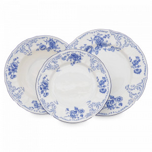 Набор столовый на 6 персон, 18 предметов, фарфор, белый, декор, серия Синие розы, BERNADOTTE, Чехия, Наборы тарелок для кухни