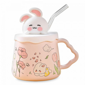Кружка с крышкой и трубочкой Зайка, 420 мл, керамика, розовый, серия Animals, REPAST, Чехия, Кружки REPAST