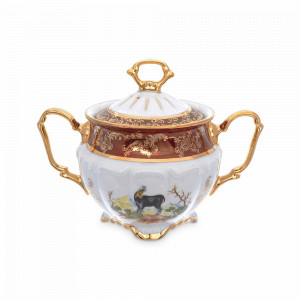 Сахарница с крышкой Охота, 14 см, фарфор, красный, серия Мария-Тереза, REPAST, Чехия, Мария-Тереза REPAST