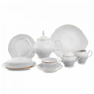 Сервиз чайный на 12 персон, 43 предмета, фарфор, белый, золотой, серия Белый узор, BERNADOTTE, Чехия, Скидка до -30% на фарфор BERNADOTTE