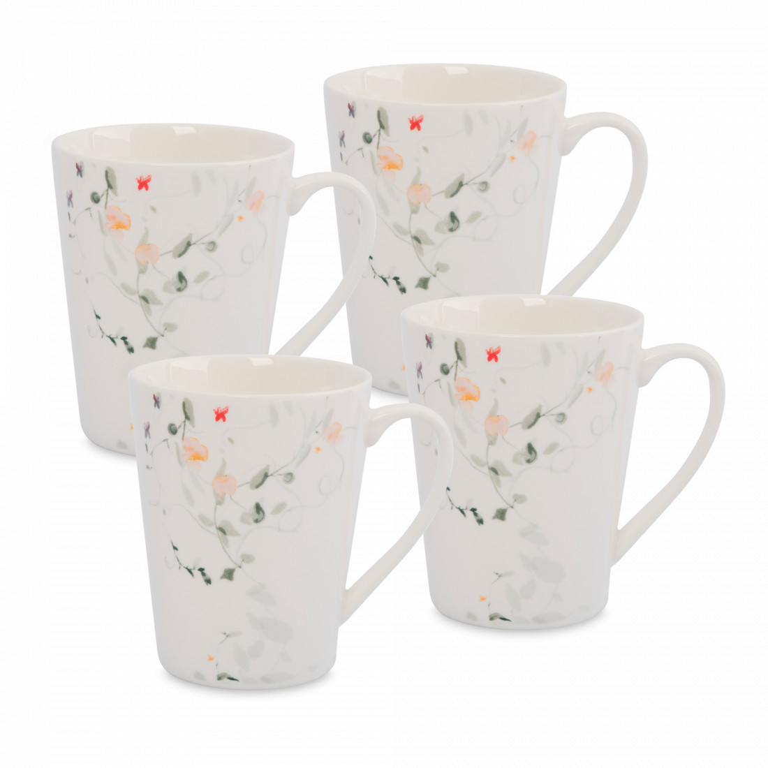 Набор из 4-х кружек Цветы и листья, 420 мл, фарфор, белый, декор, серия Primrose, ANNA LAFARG, Китай