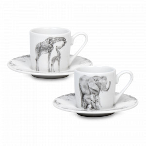 Набор из 2-х кофейных пар «Удивительные животные - Жираф и Слон», 85 мл, фарфор, белый, черный, KOENITZ, Германия, Кофейные пары