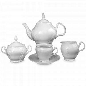 Сервиз чайный на 6 персон (чашка бочка), 17 предметов, фарфор, белый, серия Недекорированный, BERNADOTTE, Чехия, Наборы столовой посуды