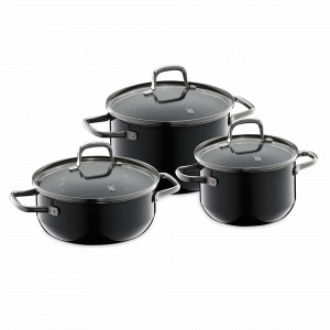 Набор из 3-х кастрюль с крышками, 6 предметов, сталь, черный, серия Fusiontec Essential, WMF, Германия, Посуда из нержавеющей стали