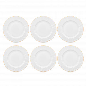 Набор из 6-ти обеденных тарелок, 25 см, фарфор, белый, золотой, серия Белый узор, BERNADOTTE, Чехия, Чешский фарфор