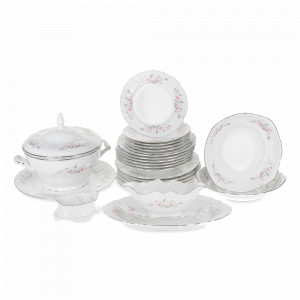 Сервиз столовый на 6 персон, 27 предметов, фарфор, белый, платиновая отводка, серия Серая роза, BERNADOTTE, Чехия, Наборы обеденных тарелок