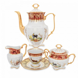 Сервиз кофейный на 6 персон Охота, 15 предметов, фарфор, красный, серия Мария-Тереза, REPAST, Чехия, Мария-Тереза REPAST