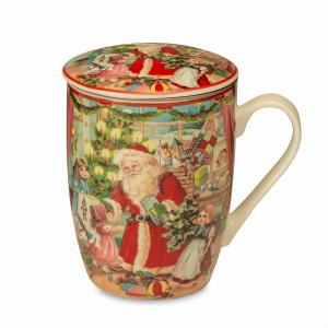 Кружка с ситечком и крышкой «Noel Санта», 400 мл, фарфор, декор, LAMART, Италия, Большие кружки