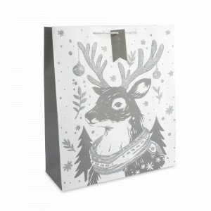 Пакет подарочный «Олень в шарфе», 42 х 48 см, бумага, белый, серебристый, серия Maral, ANNA LAFARG, Китай, Подарочные пакеты ANNA LAFARG