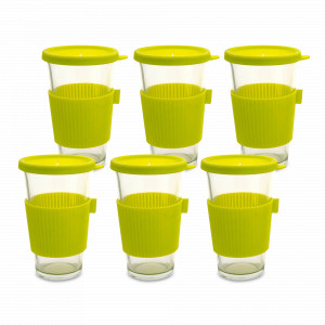 Набор из 6-ти стаканов с силиконовыми крышками, 380 мл, стекло, зеленый, GLASSLOCK, Корея, Стаканы для кофе