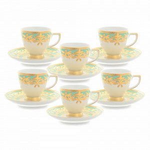 Набор из 6-ти кофейных пар Seladon Gold, 100 мл, фарфор, оливковый, золотой, серия Constanza Natalia, FALKENPORZELLAN, Германия, Кофейные пары