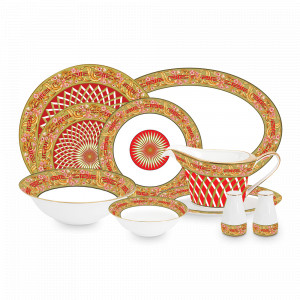 Сервиз обеденный на 6 персон, 26 предметов, фарфор, бежево-красный с золотистым кантом, серия Aurelia, ROYAL CROWN, Китай, Наборы столовой посуды