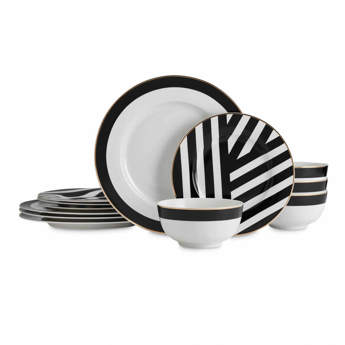 Сервиз обеденный на 4 персоны, 12 предметов, фарфор, белый, черный, серия Mikasa Luxe Deco, KITCHEN CRAFT, Великобритания