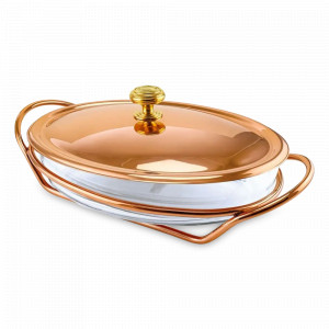 Блюдо для горячего с крышкой «КМ», 2.4 л, медь, стекло, серия Медная посуда, Кольчугинский Мельхиор, Россия, Мармиты